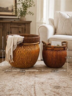 Set of 2 Woven Storage Baskets | Rustic Rattan Baskets | Rope Handle Basket